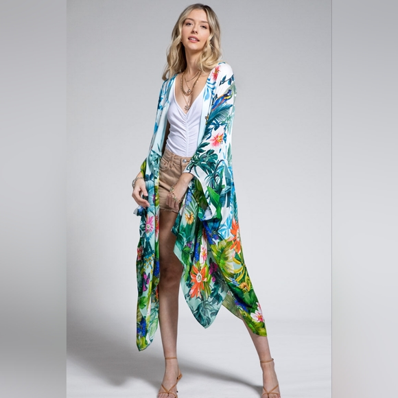Tropical Rainforest Kimono w/ Vibrant Flowers & Elephant - Lightweight & Breezy - Picture 4 of 8